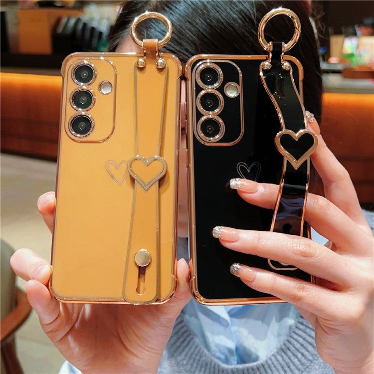For Samsung Galaxy A16 5G / A16 4G Case Electroplated Heart Pattern TPU Phone Back Cover with Wristband Kickstand - Black