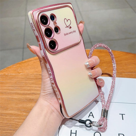 For Samsung Galaxy S24 Ultra Case with Strap TPU Phone Back Cover Dazzling Design Curly Shape Love Heart - Colorful Pink