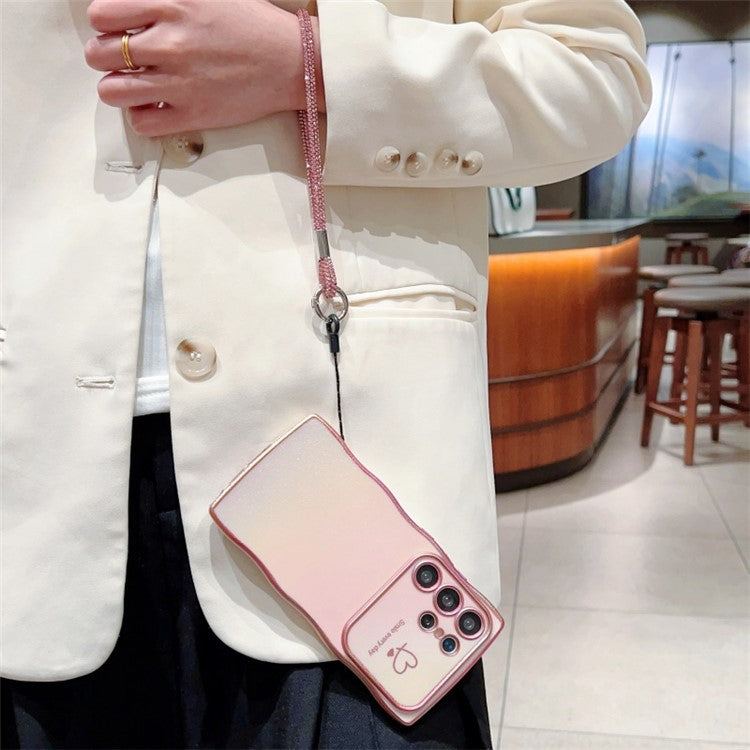 For Samsung Galaxy S24 Ultra Case with Strap TPU Phone Back Cover Dazzling Design Curly Shape Love Heart - Colorful Pink