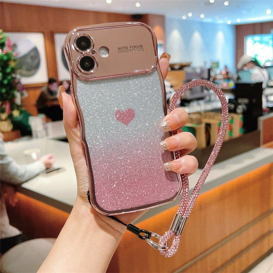 For iPhone 16 Case with Strap Electroplating TPU Phone Cover Love Heart Gradient Glitter - Rose Pink