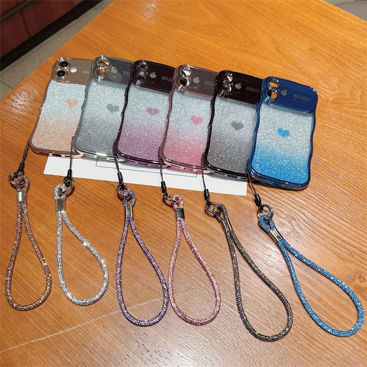 For iPhone 16 Case with Strap Electroplating TPU Phone Cover Love Heart Gradient Glitter - Rose Pink