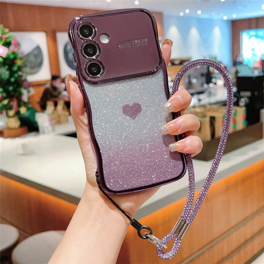 For Samsung Galaxy S25 Case with Strap Electroplating TPU Phone Cover Love Heart Gradient Glitter - Dark Purple
