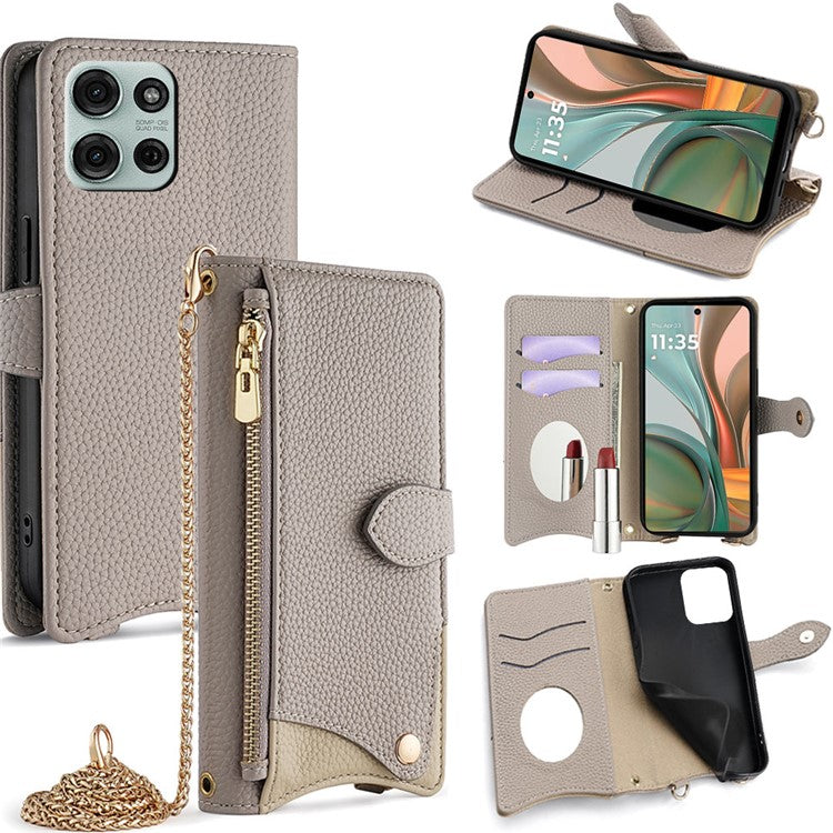 For Motorola Moto G75 5G Leather Case Wallet Stand Cover Irregular Tail Style with Chain Strap - Grey