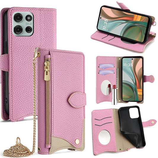For Motorola Moto G75 5G Leather Case Wallet Stand Cover Irregular Tail Style with Chain Strap - Pink