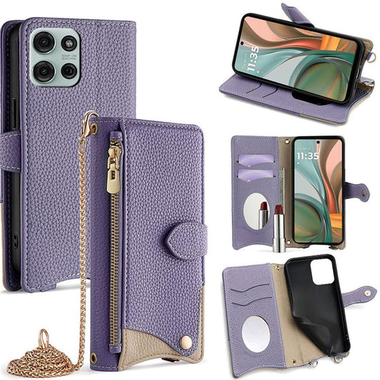 For Motorola Moto G75 5G Leather Case Wallet Stand Cover Irregular Tail Style with Chain Strap - Purple