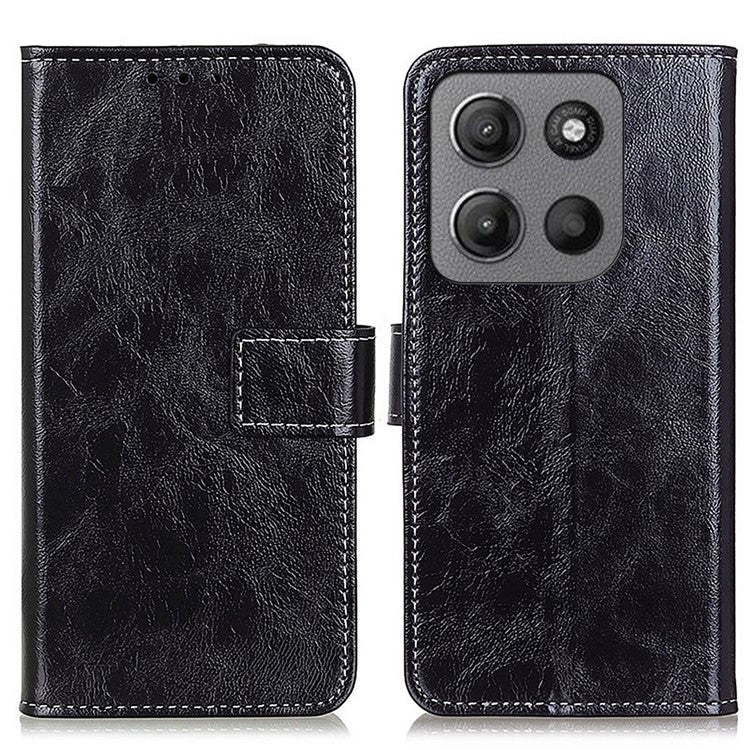 For Motorola Moto G15 4G / G05 4G Leather Case Wallet Phone Cover Crazy Horse Texture - Black