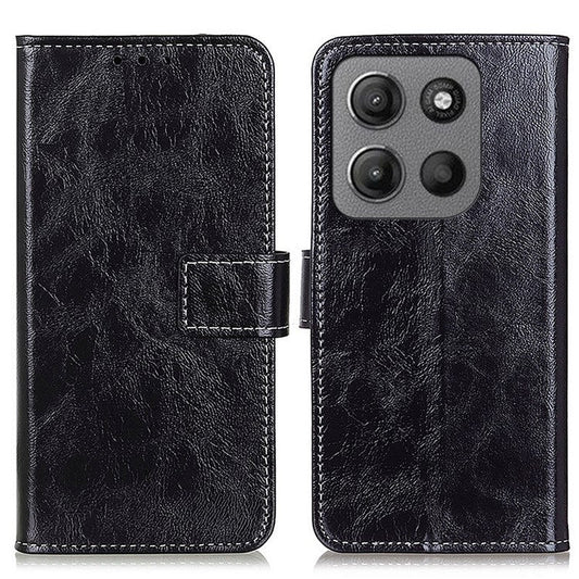 For Motorola Moto G15 4G / G05 4G Leather Case Wallet Phone Cover Crazy Horse Texture - Black