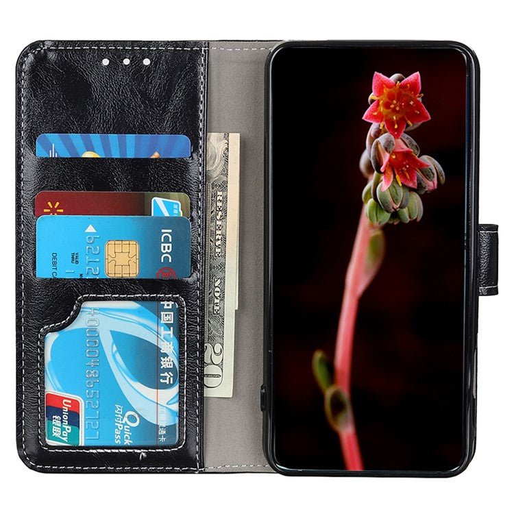 For Motorola Moto G15 4G / G05 4G Leather Case Wallet Phone Cover Crazy Horse Texture - Black