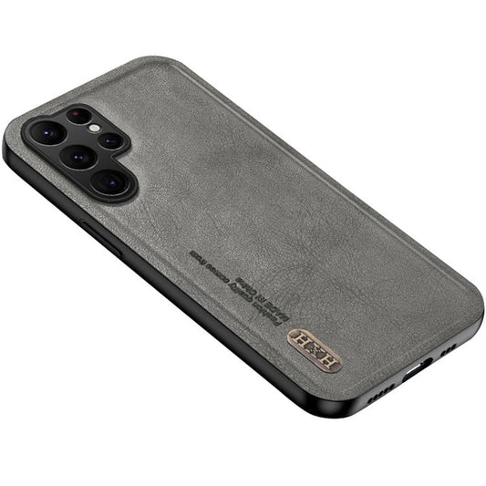 For Samsung Galaxy S25 Ultra Case Retro Texture Matte TPU + PU Leather Back Cover Support Magnetic Car Holder - Grey