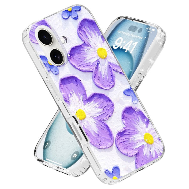 For iPhone 16 Plus Phone Case IMD Pattern Print PC TPU Mobile Cover - Purple Flower