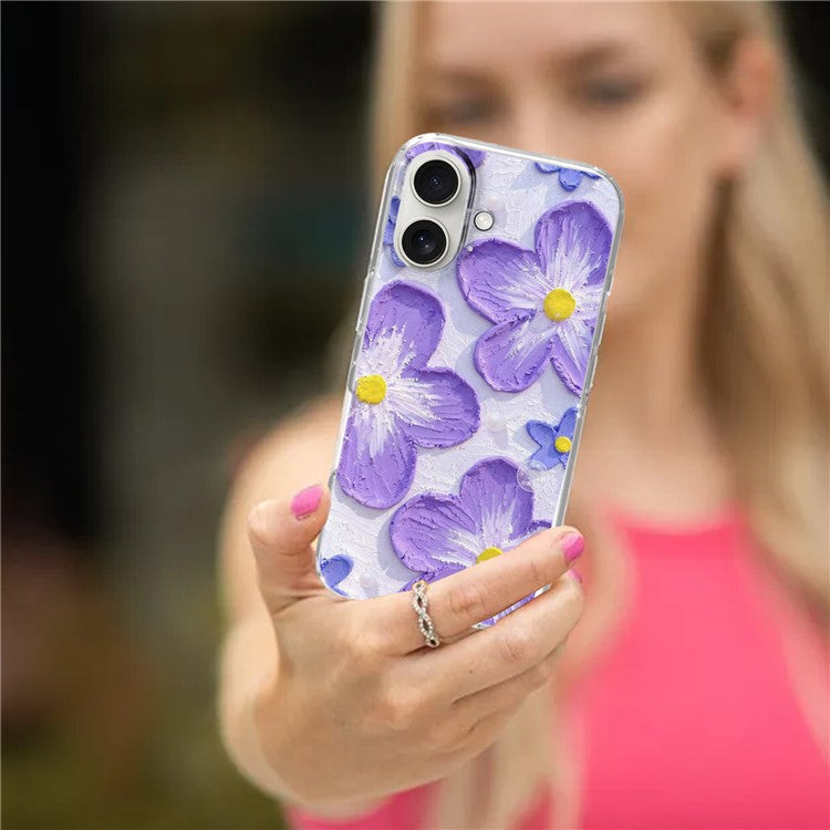 For iPhone 16 Plus Phone Case IMD Pattern Print PC TPU Mobile Cover - Purple Flower