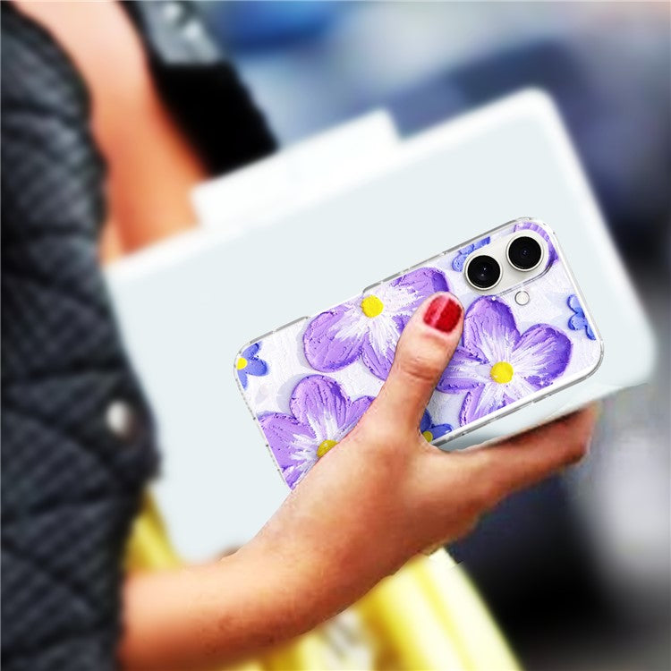 For iPhone 16 Plus Phone Case IMD Pattern Print PC TPU Mobile Cover - Purple Flower