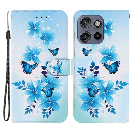 Leather Case For Motorola Edge 50 Neo 5G  /  Moto S50 5G  /  ThinkPhone 25 5G Pattern Printing Flip Wallet Phone Cover with Lanyard - Blue Butterfly