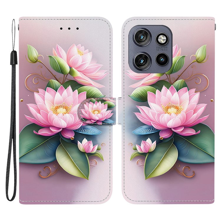 Leather Case For Motorola Edge 50 Neo 5G  /  Moto S50 5G  /  ThinkPhone 25 5G Pattern Printing Flip Wallet Phone Cover with Lanyard - Lotus