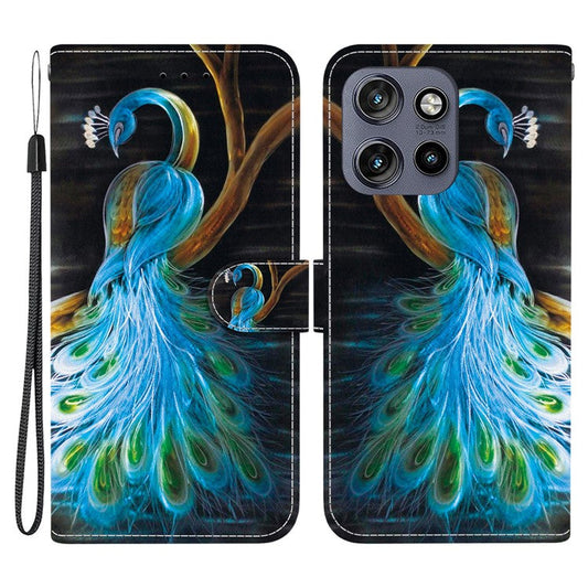 Leather Case For Motorola Edge 50 Neo 5G  /  Moto S50 5G  /  ThinkPhone 25 5G Pattern Printing Flip Wallet Phone Cover with Lanyard - Peacock