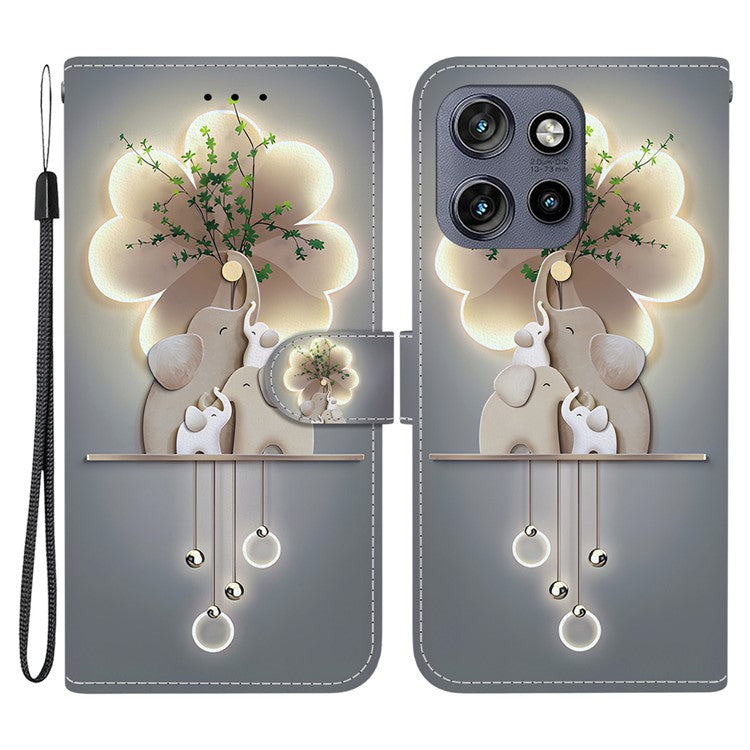 Leather Case For Motorola Edge 50 Neo 5G  /  Moto S50 5G  /  ThinkPhone 25 5G Pattern Printing Flip Wallet Phone Cover with Lanyard - Three Elephants