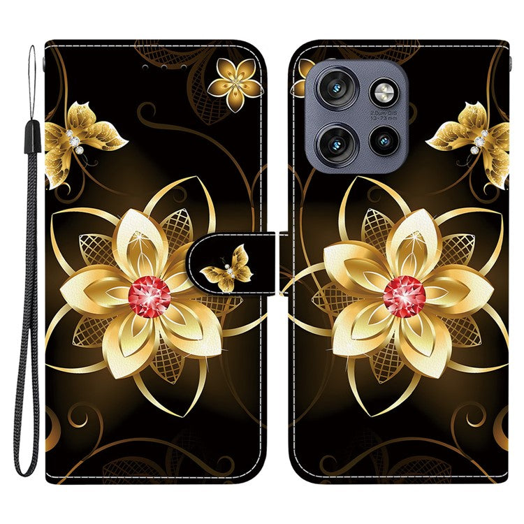 Leather Case For Motorola Edge 50 Neo 5G  /  Moto S50 5G  /  ThinkPhone 25 5G Pattern Printing Flip Wallet Phone Cover with Lanyard - Golden Flower