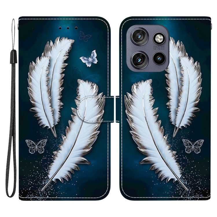 Leather Case For Motorola Edge 50 Neo 5G  /  Moto S50 5G  /  ThinkPhone 25 5G Pattern Printing Flip Wallet Phone Cover with Lany - White Butterfly Feather