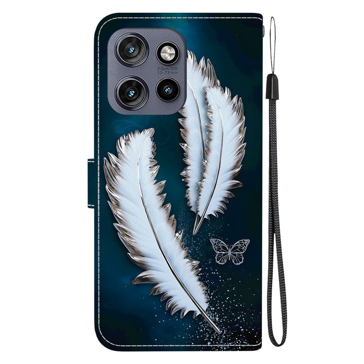 Leather Case For Motorola Edge 50 Neo 5G  /  Moto S50 5G  /  ThinkPhone 25 5G Pattern Printing Flip Wallet Phone Cover with Lany - White Butterfly Feather