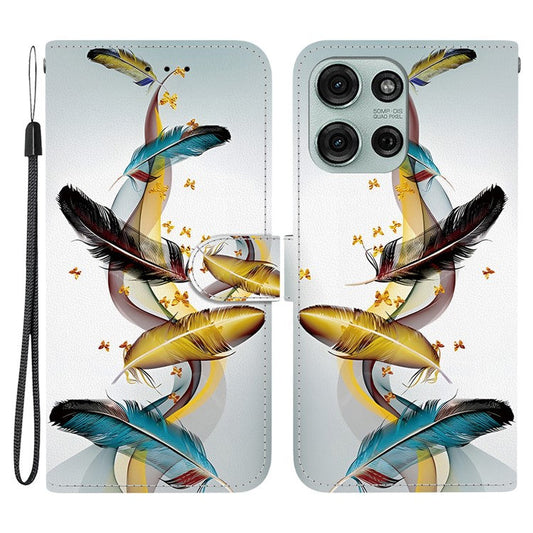 For Motorola Moto G75 5G Case Pattern Printing Anti-Drop Leather Flip Wallet Phone Cover with Lanyard - Golden Butterfly Feather