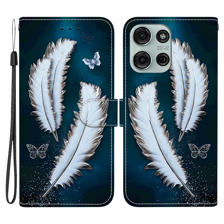 For Motorola Moto G75 5G Case Pattern Printing Anti-Drop Leather Flip Wallet Phone Cover with Lanyard - White Butterfly Feather