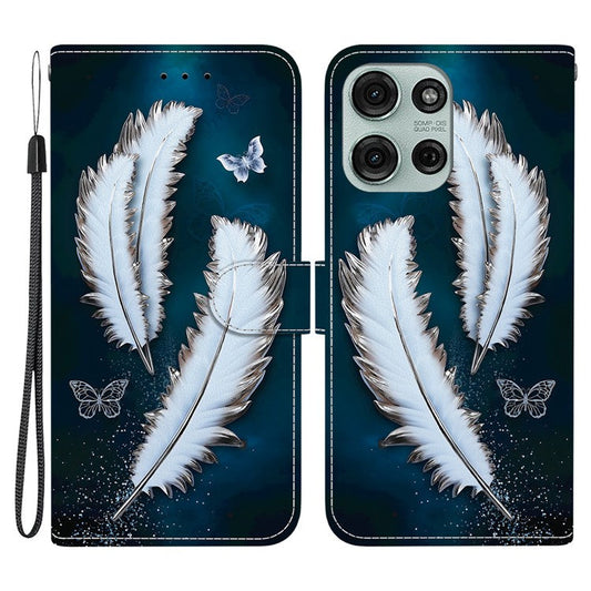 For Motorola Moto G75 5G Case Pattern Printing Anti-Drop Leather Flip Wallet Phone Cover with Lanyard - White Butterfly Feather