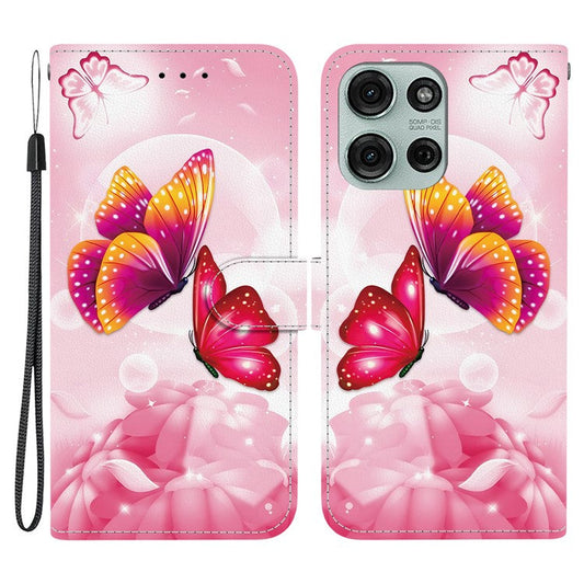 For Motorola Moto G75 5G Case Pattern Printing Anti-Drop Leather Flip Wallet Phone Cover with Lanyard - Pink Butterfly