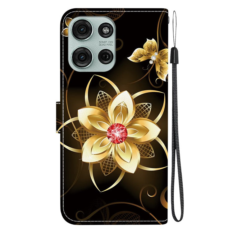 For Motorola Moto G75 5G Case Pattern Printing Anti-Drop Leather Flip Wallet Phone Cover with Lanyard - Golden Flower