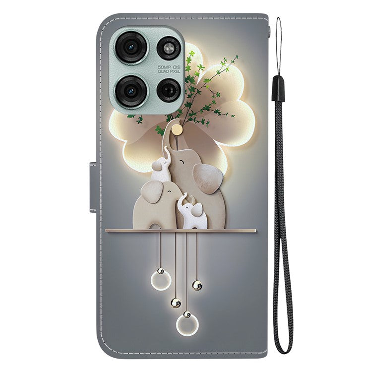 For Motorola Moto G75 5G Case Pattern Printing Anti-Drop Leather Flip Wallet Phone Cover with Lanyard - Three Elephants