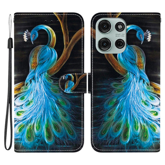 For Motorola Moto G75 5G Case Pattern Printing Anti-Drop Leather Flip Wallet Phone Cover with Lanyard - Peacock