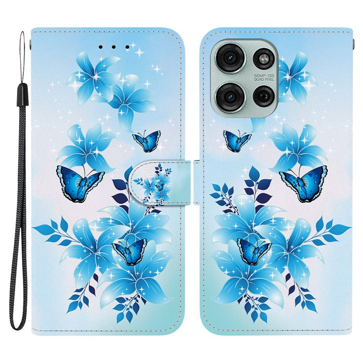 For Motorola Moto G75 5G Case Pattern Printing Anti-Drop Leather Flip Wallet Phone Cover with Lanyard - Blue Butterfly