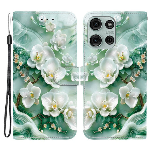 For Motorola Moto G75 5G Case Pattern Printing Anti-Drop Leather Flip Wallet Phone Cover with Lanyard - Jade Flower