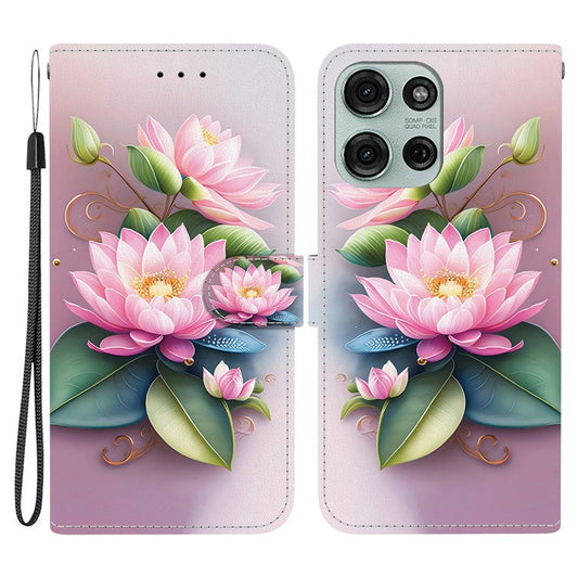For Motorola Moto G75 5G Case Pattern Printing Anti-Drop Leather Flip Wallet Phone Cover with Lanyard - Lotus