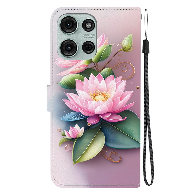 For Motorola Moto G75 5G Case Pattern Printing Anti-Drop Leather Flip Wallet Phone Cover with Lanyard - Lotus