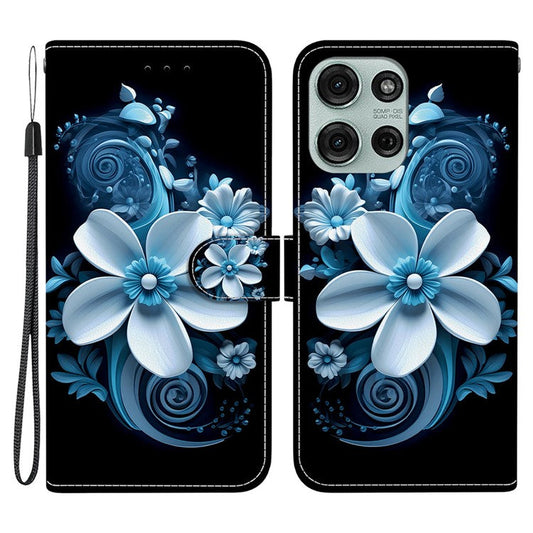 For Motorola Moto G75 5G Case Pattern Printing Anti-Drop Leather Flip Wallet Phone Cover with Lanyard - Black Orchid