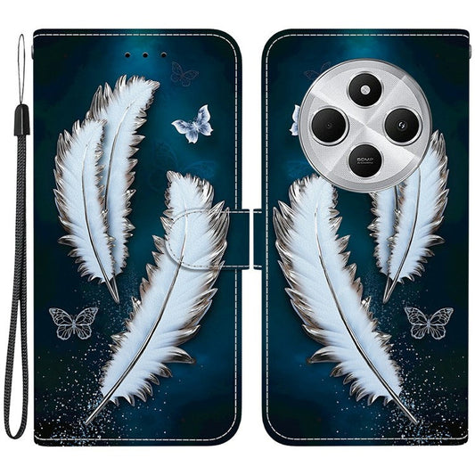 Phone Case For Xiaomi Redmi 14C 4G  /  Redmi 14R 5G  /  Poco C75 4G Pattern Printing Leather Flip Wallet Cover with Lanyard - White Butterfly Feather
