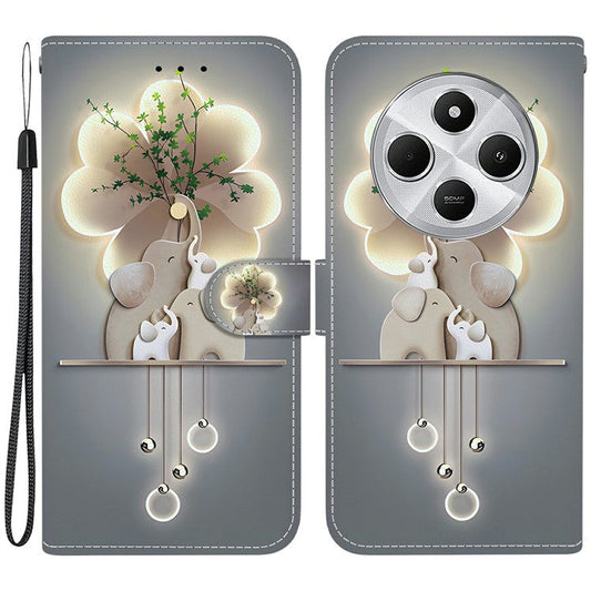 Phone Case For Xiaomi Redmi 14C 4G  /  Redmi 14R 5G  /  Poco C75 4G Pattern Printing Leather Flip Wallet Cover with Lanyard - Three Elephants