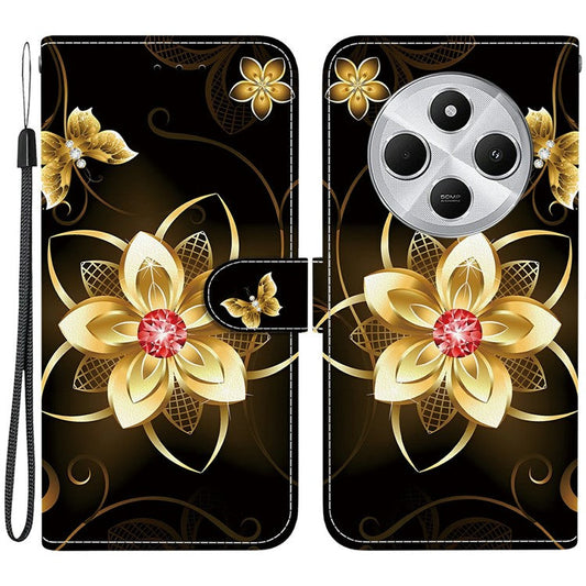 Phone Case For Xiaomi Redmi 14C 4G  /  Redmi 14R 5G  /  Poco C75 4G Pattern Printing Leather Flip Wallet Cover with Lanyard - Golden Flower