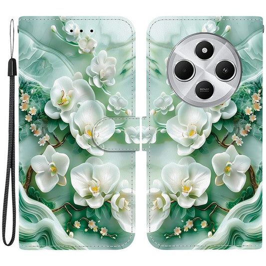 Phone Case For Xiaomi Redmi 14C 4G  /  Redmi 14R 5G  /  Poco C75 4G Pattern Printing Leather Flip Wallet Cover with Lanyard - Jade Flower