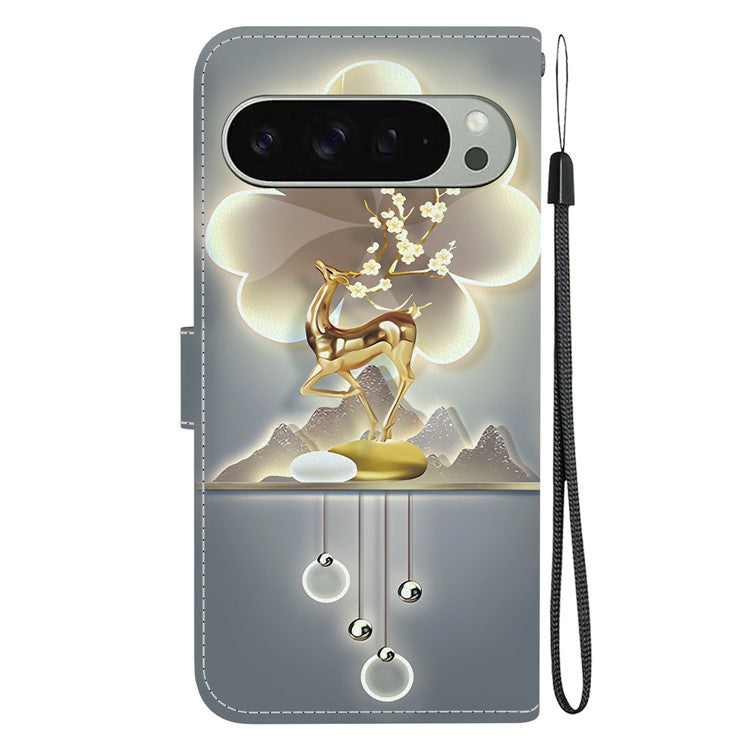For Google Pixel 9 Pro  /  Pixel 9 Case Pattern Printing Anti-Drop Leather Flip Wallet Phone Cover with Lanyard - Sika Deer
