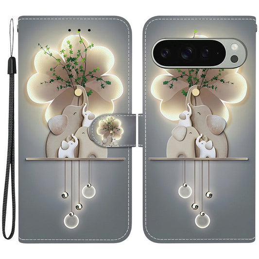 For Google Pixel 9 Pro  /  Pixel 9 Case Pattern Printing Anti-Drop Leather Flip Wallet Phone Cover with Lanyard - Three Elephants
