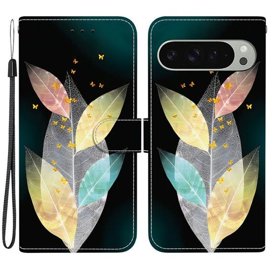 For Google Pixel 9 Pro  /  Pixel 9 Case Pattern Printing Anti-Drop Leather Flip Wallet Phone Cover with Lanyard - Colored Leaves