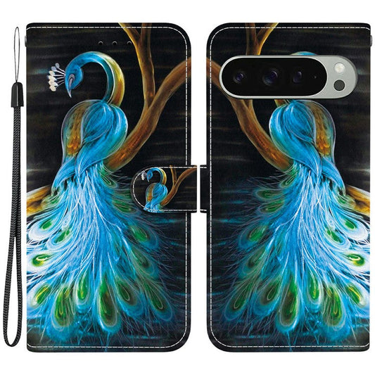 For Google Pixel 9 Pro  /  Pixel 9 Case Pattern Printing Anti-Drop Leather Flip Wallet Phone Cover with Lanyard - Peacock