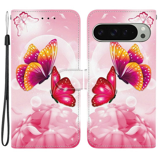 For Google Pixel 9 Pro  /  Pixel 9 Case Pattern Printing Anti-Drop Leather Flip Wallet Phone Cover with Lanyard - Pink Butterfly