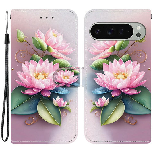 For Google Pixel 9 Pro  /  Pixel 9 Case Pattern Printing Anti-Drop Leather Flip Wallet Phone Cover with Lanyard - Lotus