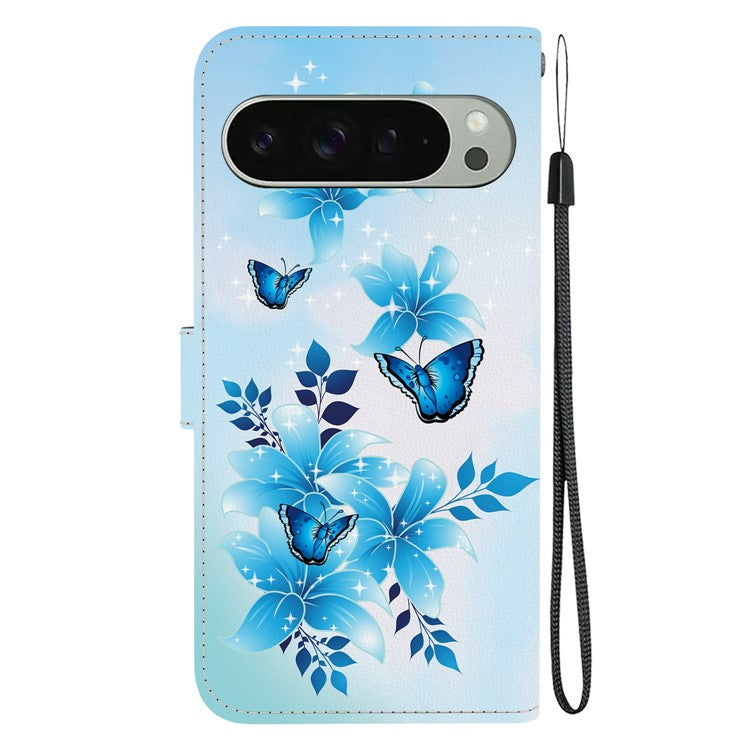 For Google Pixel 9 Pro  /  Pixel 9 Case Pattern Printing Anti-Drop Leather Flip Wallet Phone Cover with Lanyard - Blue Butterfly