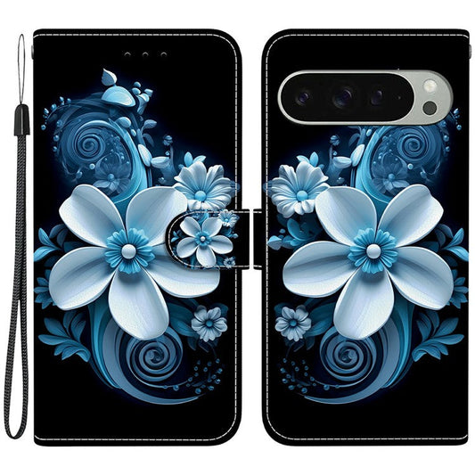 For Google Pixel 9 Pro  /  Pixel 9 Case Pattern Printing Anti-Drop Leather Flip Wallet Phone Cover with Lanyard - Black Orchid