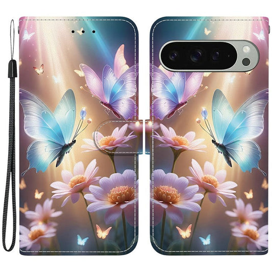 For Google Pixel 9 Pro  /  Pixel 9 Case Pattern Printing Anti-Drop Leather Flip Wallet Phone Cover with Lanyard - Butterfly Floral