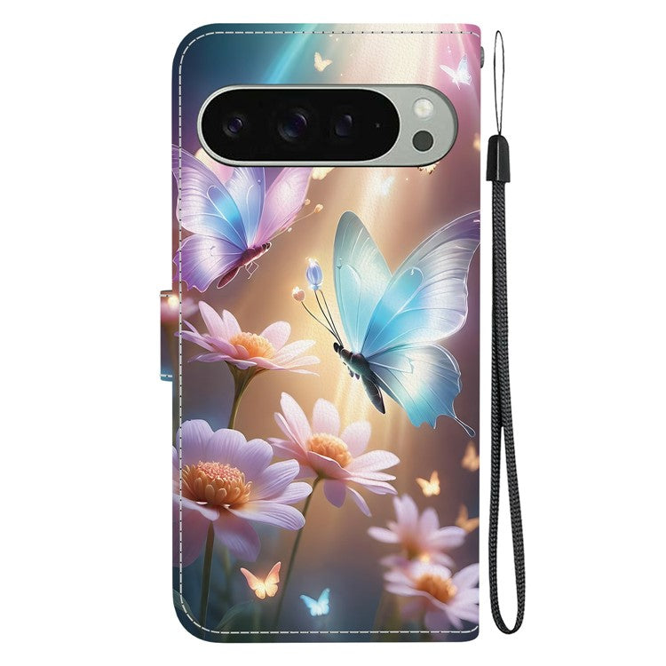 For Google Pixel 9 Pro  /  Pixel 9 Case Pattern Printing Anti-Drop Leather Flip Wallet Phone Cover with Lanyard - Butterfly Floral