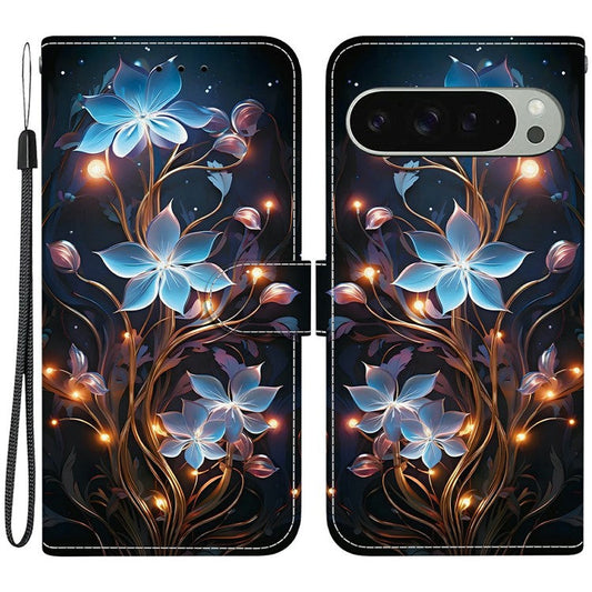 For Google Pixel 9 Pro  /  Pixel 9 Case Pattern Printing Anti-Drop Leather Flip Wallet Phone Cover with Lanyard - Small Lantern Flower